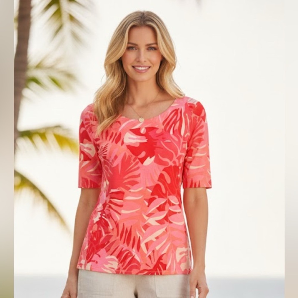 Chico's Pink & Coral Tropical Print Tunic Top